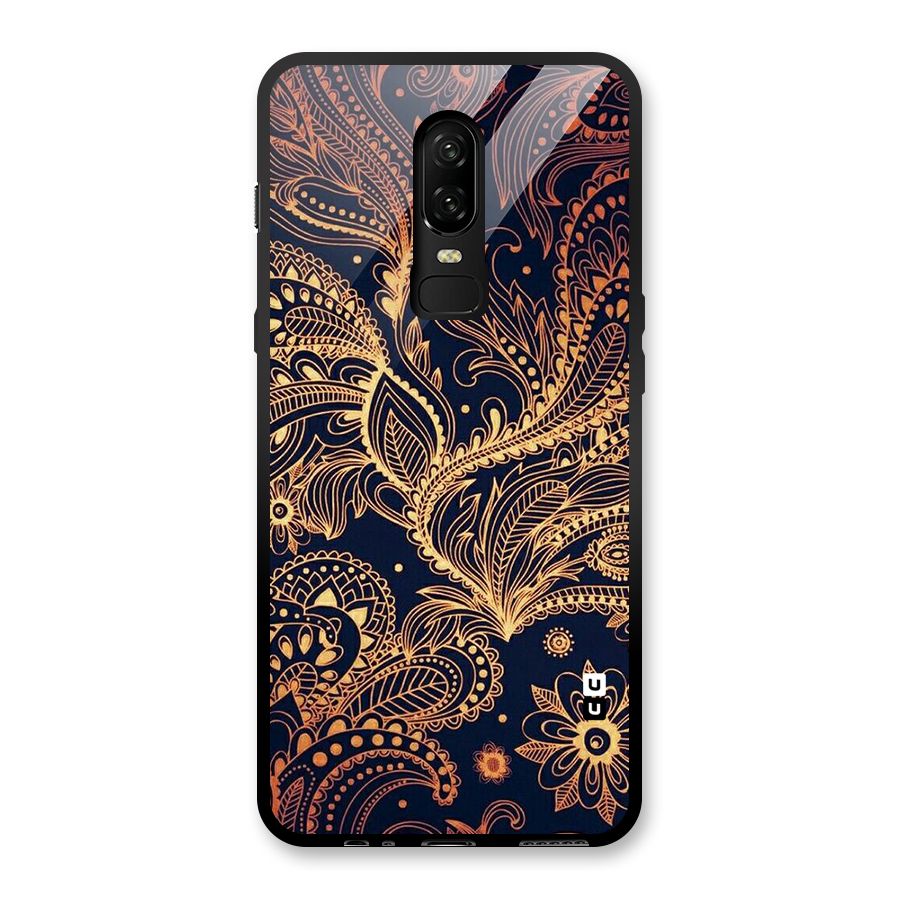 Classy Golden Leafy Design Glass Back Case for OnePlus 6