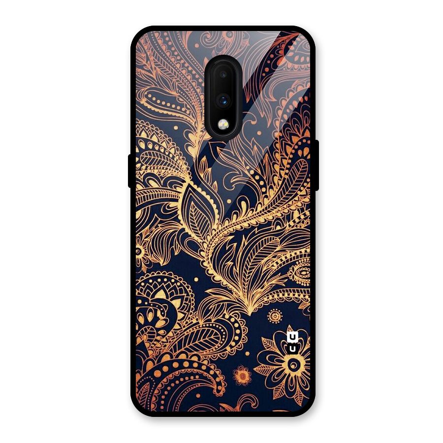 Classy Golden Leafy Design Glass Back Case for OnePlus 7