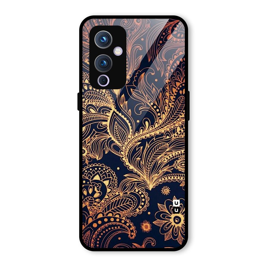 Classy Golden Leafy Design Glass Back Case for OnePlus 9