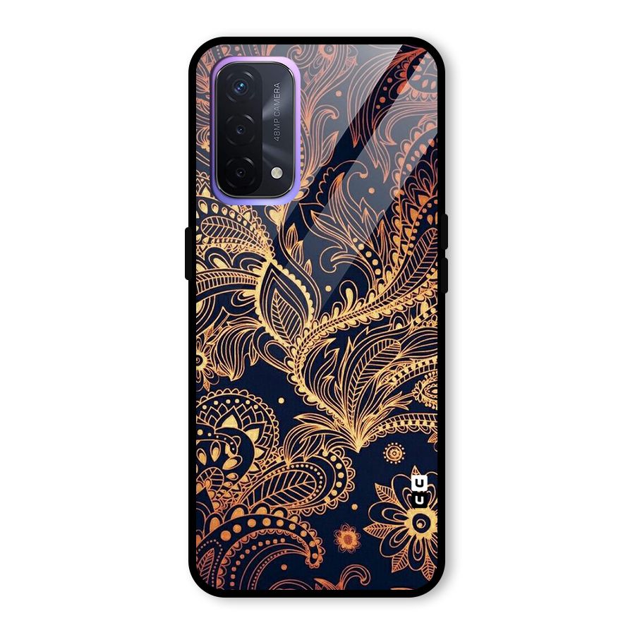 Classy Golden Leafy Design Glass Back Case for Oppo A74 5G