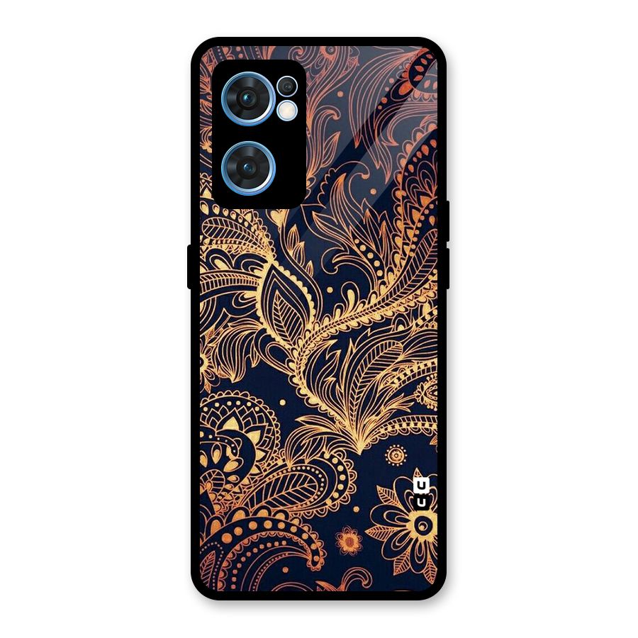 Classy Golden Leafy Design Glass Back Case for Oppo Reno7 5G