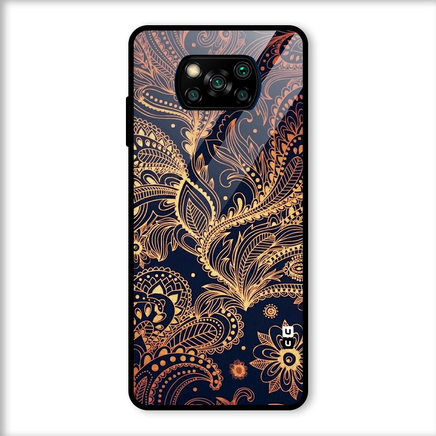 Classy Golden Leafy Design Glass Back Case for Poco X3
