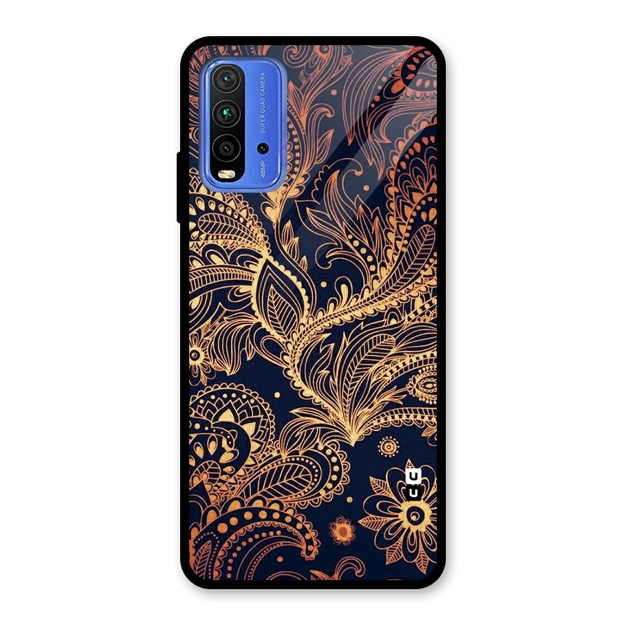 Classy Golden Leafy Design Glass Back Case for Redmi 9 Power