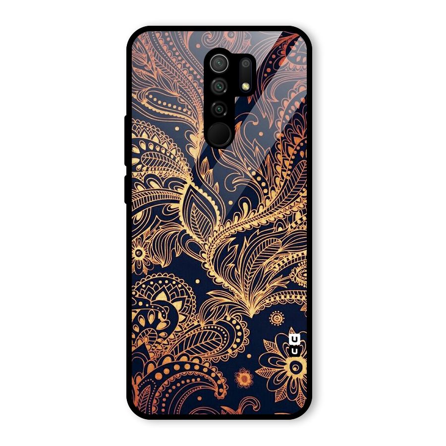 Classy Golden Leafy Design Glass Back Case for Redmi 9 Prime