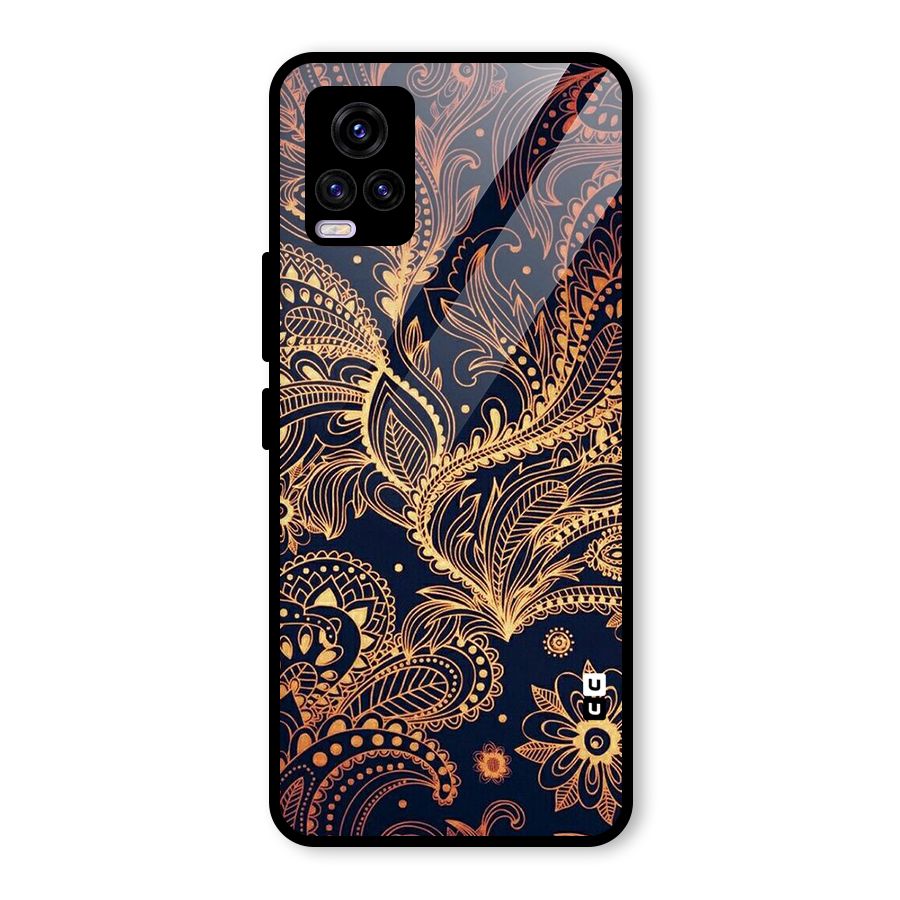 Classy Golden Leafy Design Glass Back Case for Vivo V20