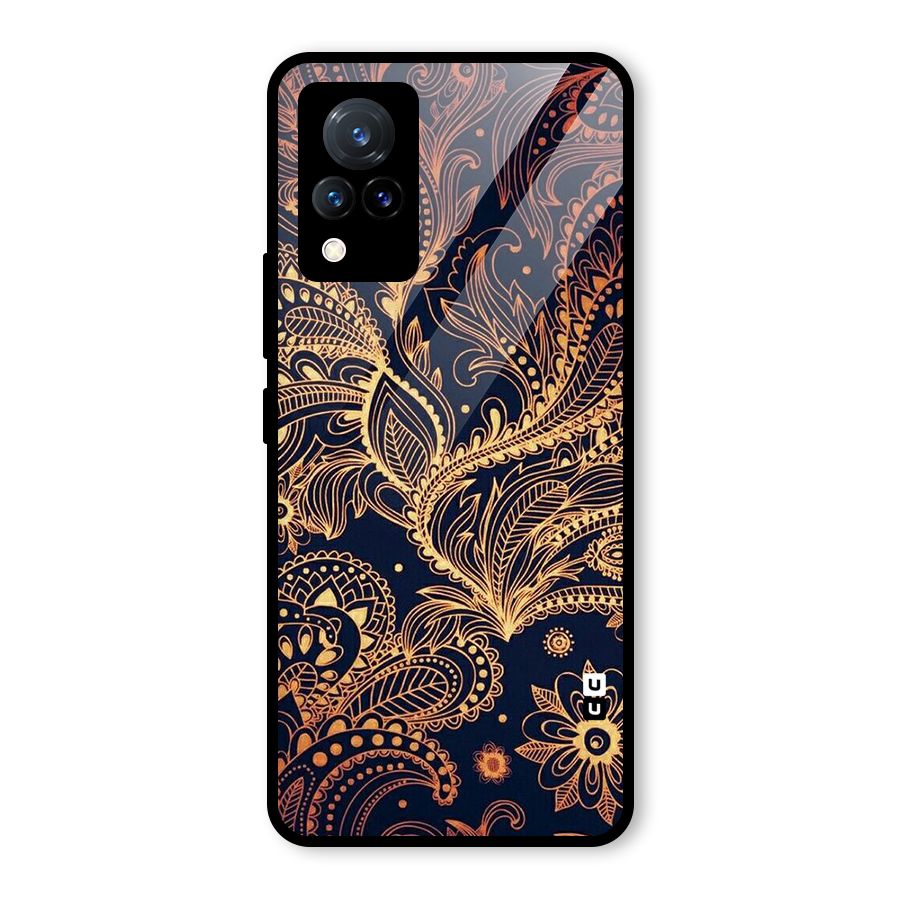 Classy Golden Leafy Design Glass Back Case for Vivo V21 5G