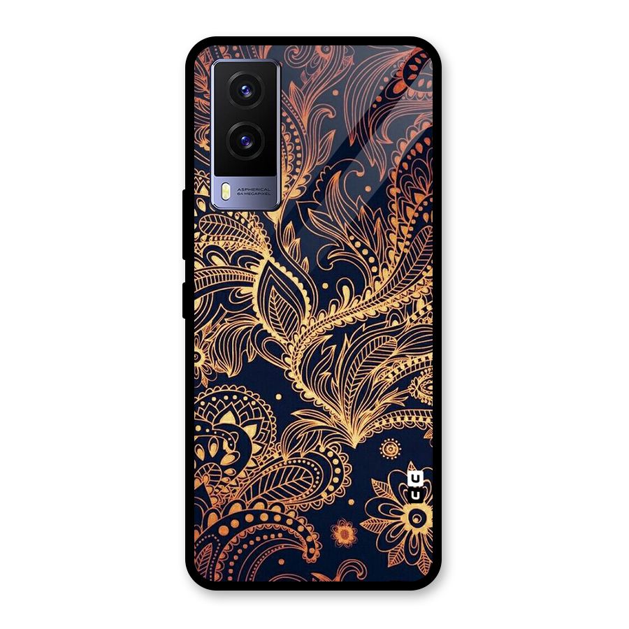 Classy Golden Leafy Design Glass Back Case for Vivo V21e 5G