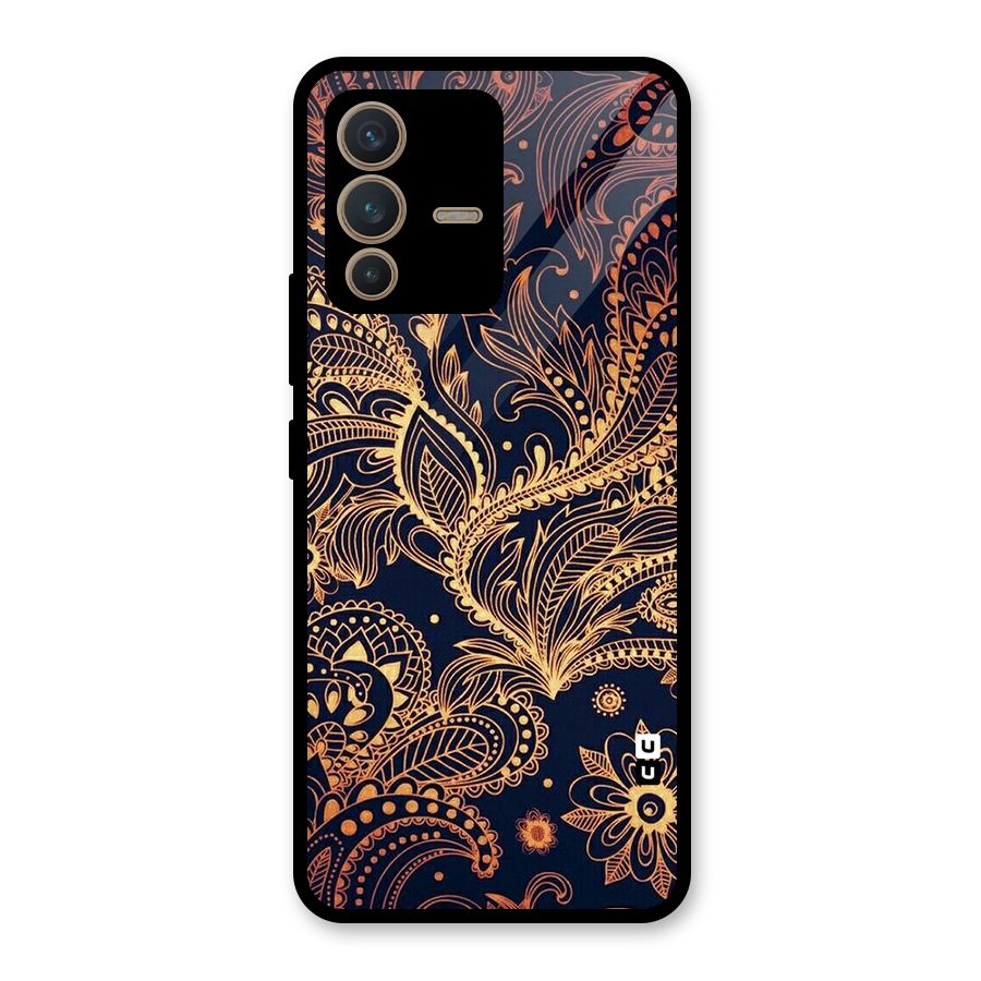 Classy Golden Leafy Design Glass Back Case for Vivo V23 5G