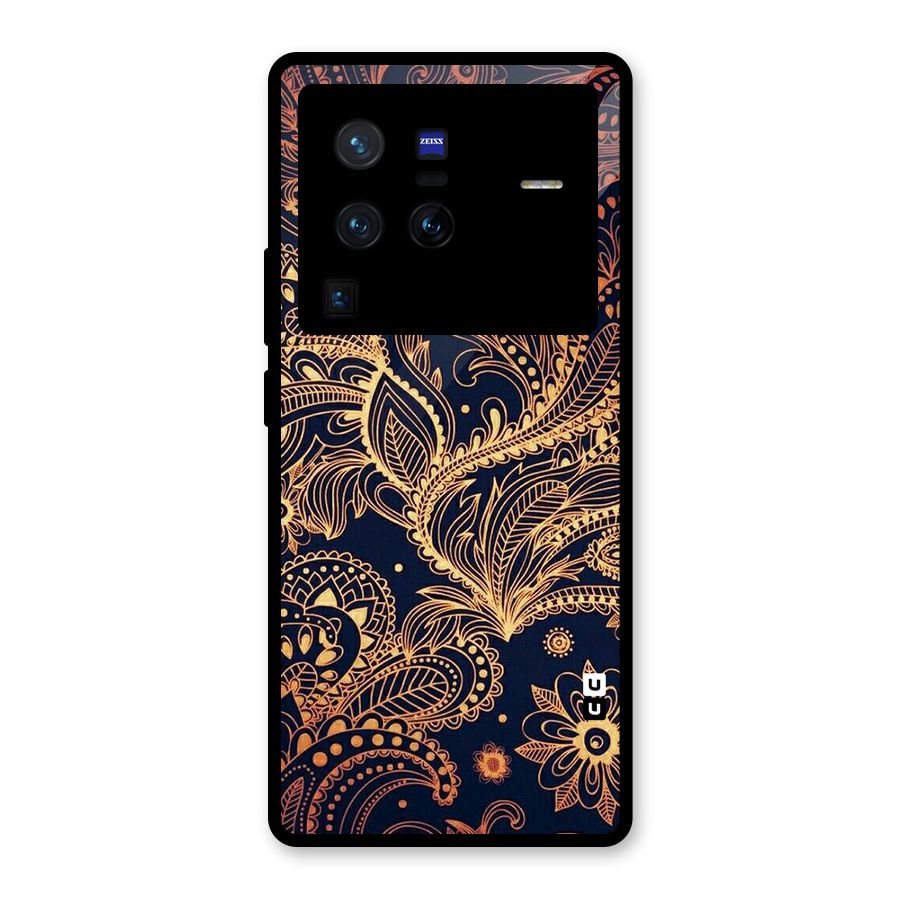 Classy Golden Leafy Design Glass Back Case for Vivo X80 Pro