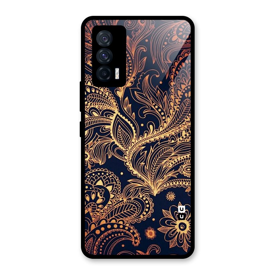 Classy Golden Leafy Design Glass Back Case for Vivo iQOO 7 5G