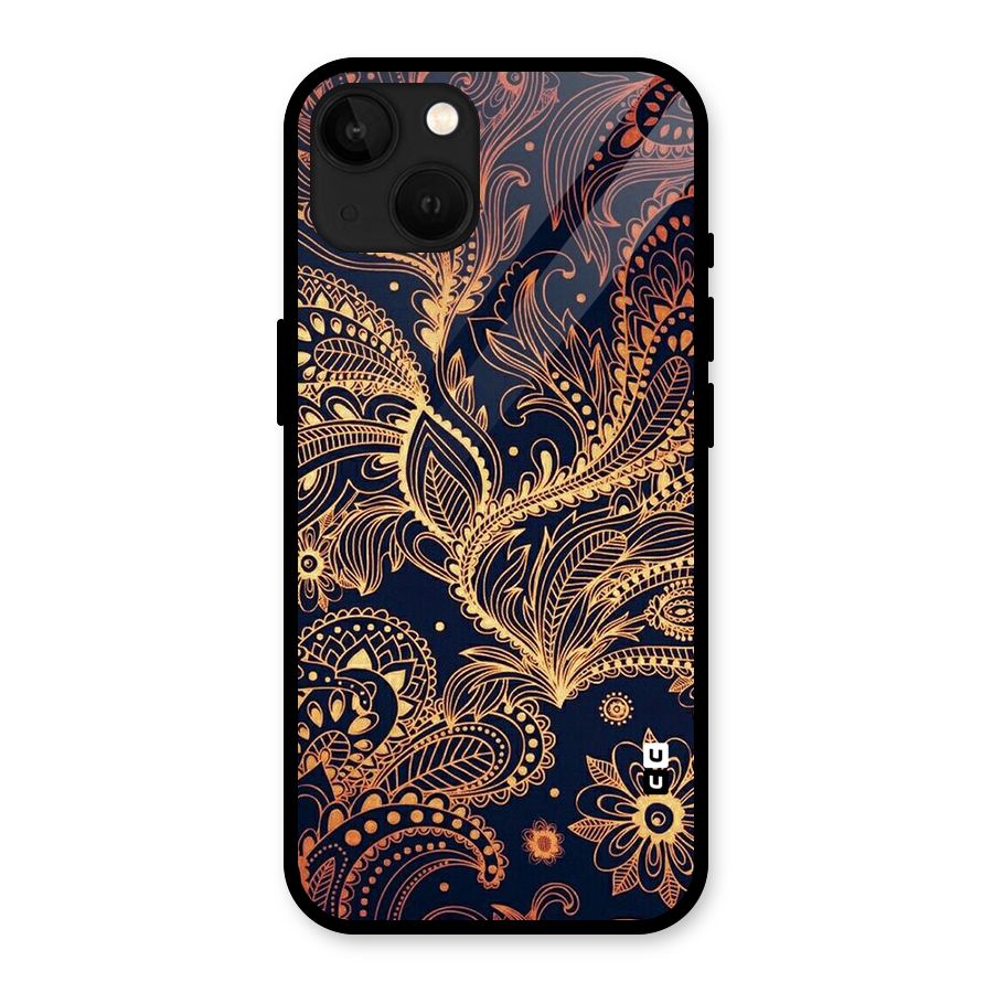 Classy Golden Leafy Design Glass Back Case for iPhone 13