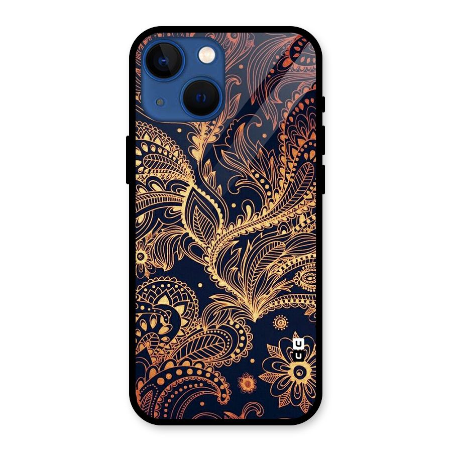 Classy Golden Leafy Design Glass Back Case for iPhone 13 Mini