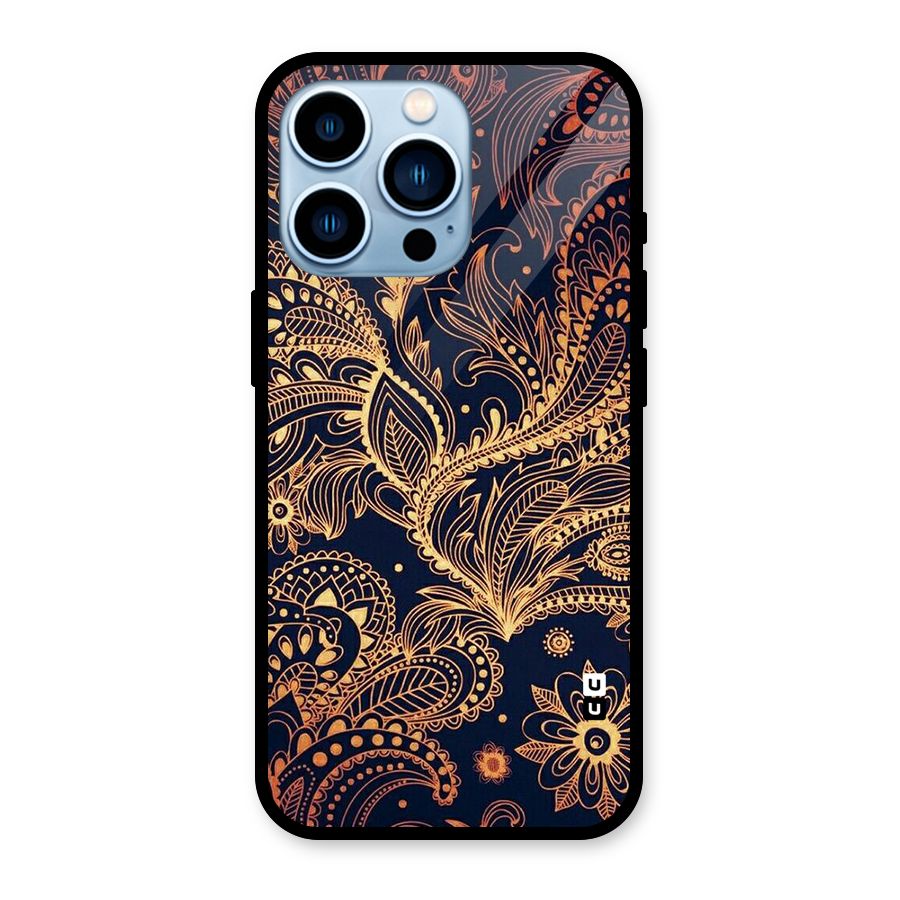 Classy Golden Leafy Design Glass Back Case for iPhone 13 Pro