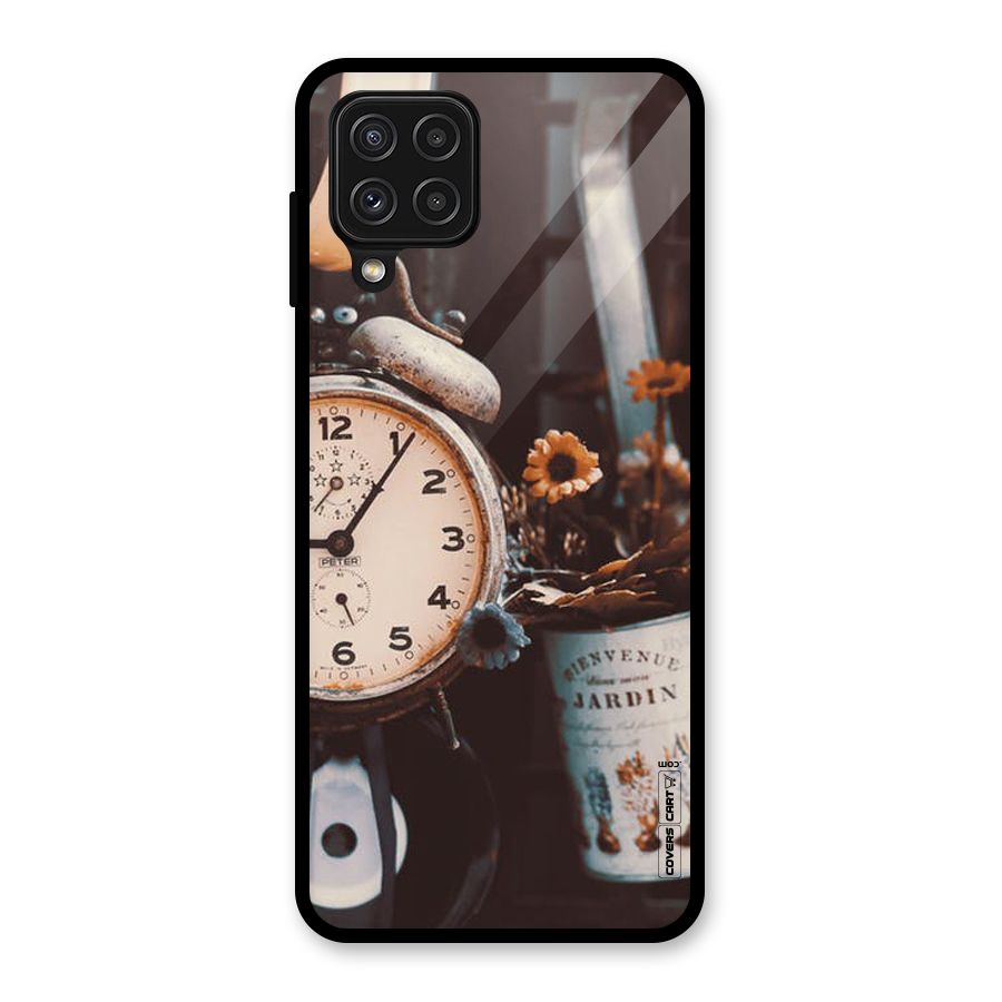 Clock And Flowers Glass Back Case for Galaxy A22 4G