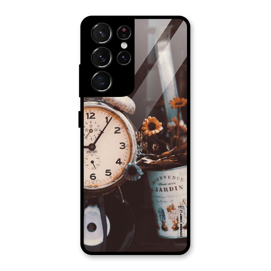 Clock And Flowers Glass Back Case for Galaxy S21 Ultra 5G