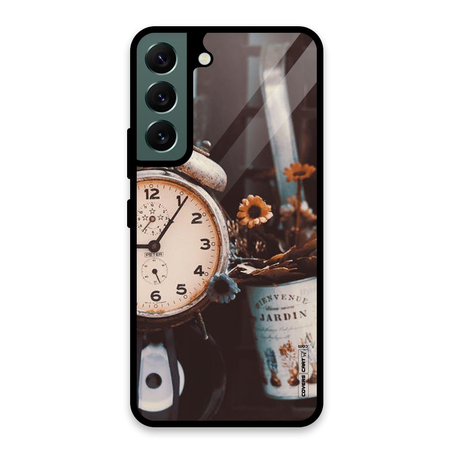 Clock And Flowers Glass Back Case for Galaxy S22 5G