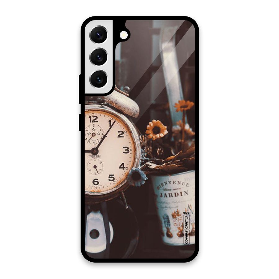 Clock And Flowers Glass Back Case for Galaxy S22 Plus 5G