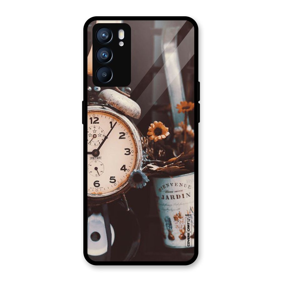 Clock And Flowers Glass Back Case for Oppo Reno6 5G