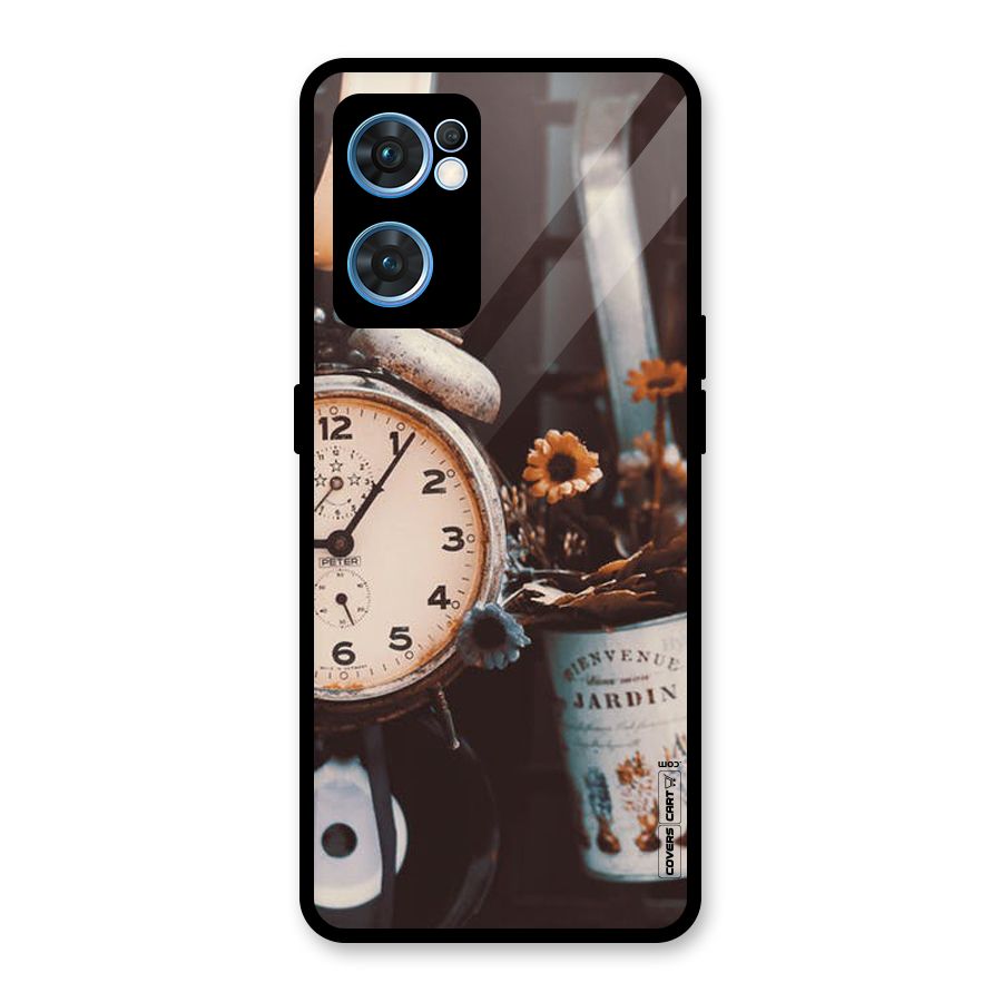 Clock And Flowers Glass Back Case for Oppo Reno7 5G