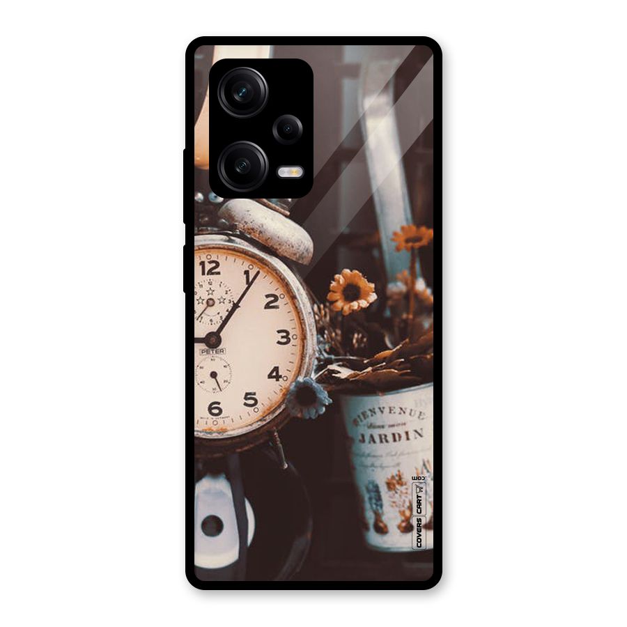 Clock And Flowers Glass Back Case for Redmi Note 12 Pro