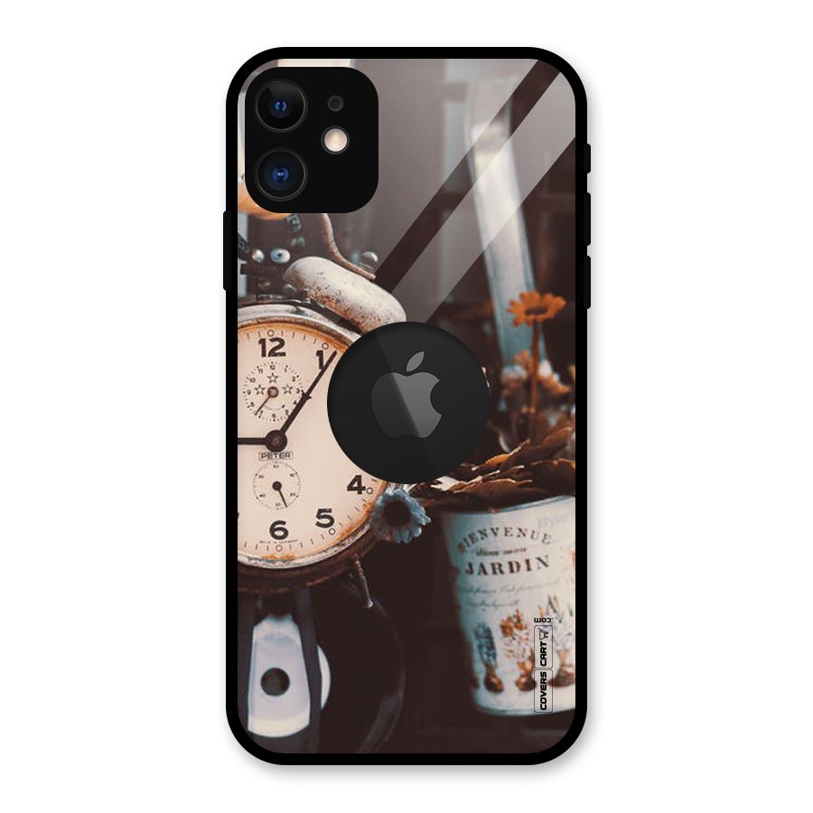 Clock And Flowers Glass Back Case for iPhone 11 Logo Cut