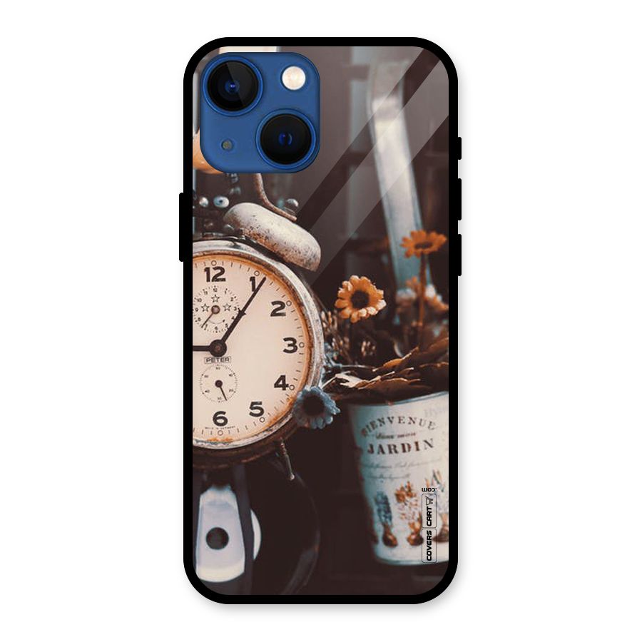 Clock And Flowers Glass Back Case for iPhone 13 Mini