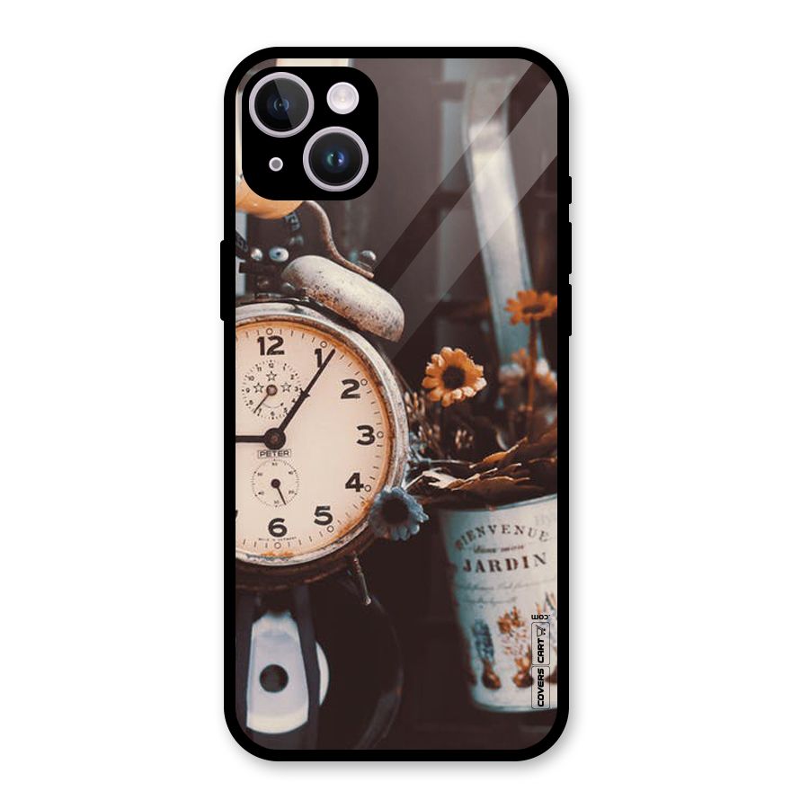 Clock And Flowers Glass Back Case for iPhone 14 Plus