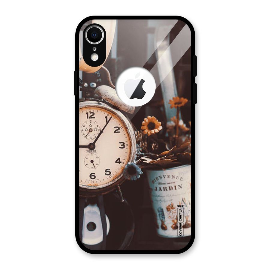 Clock And Flowers Glass Back Case for iPhone XR Logo Cut