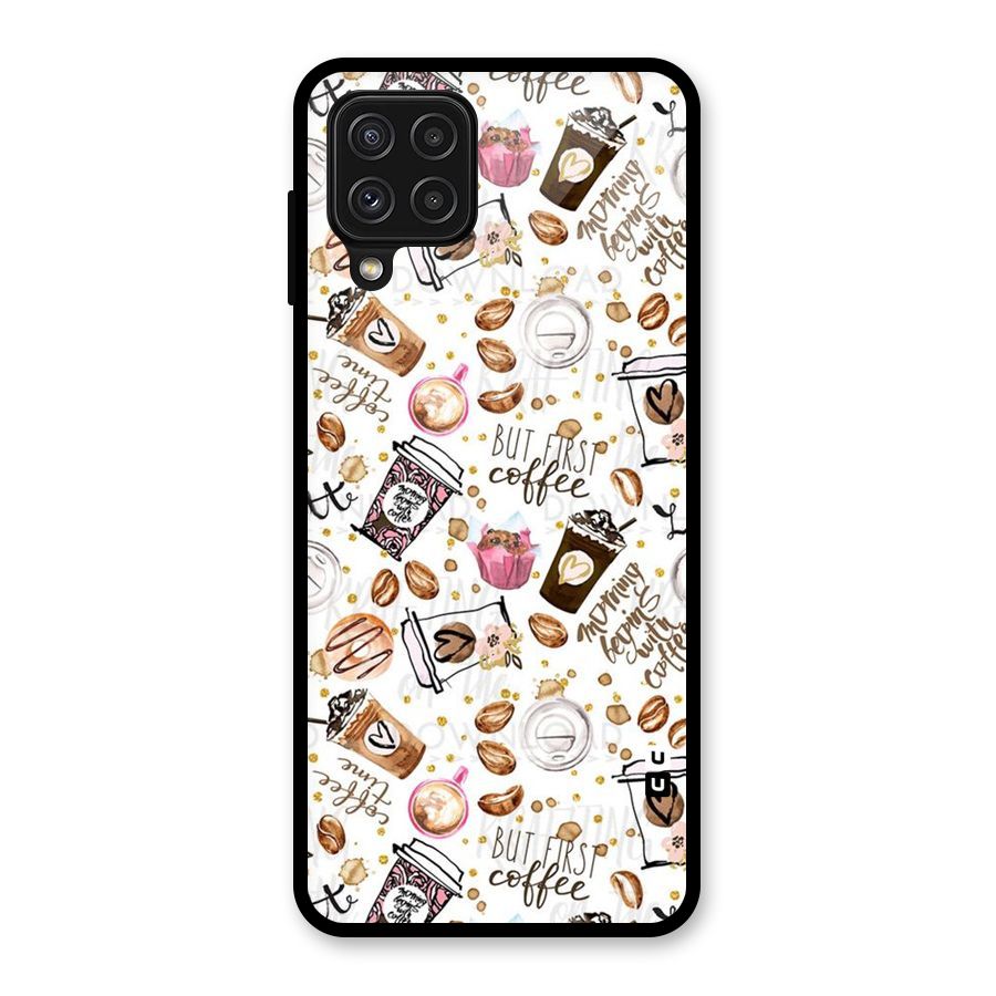 Coffee Pattern Glass Back Case for Galaxy A22 4G