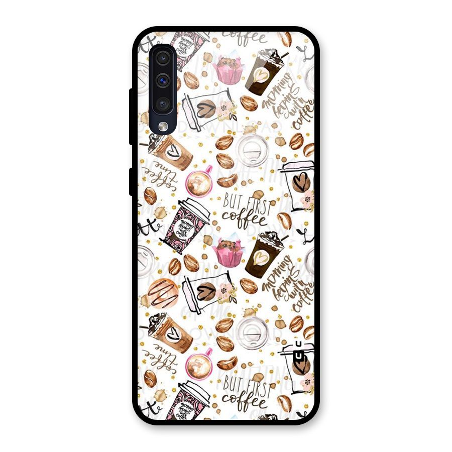 Coffee Pattern Glass Back Case for Galaxy A50