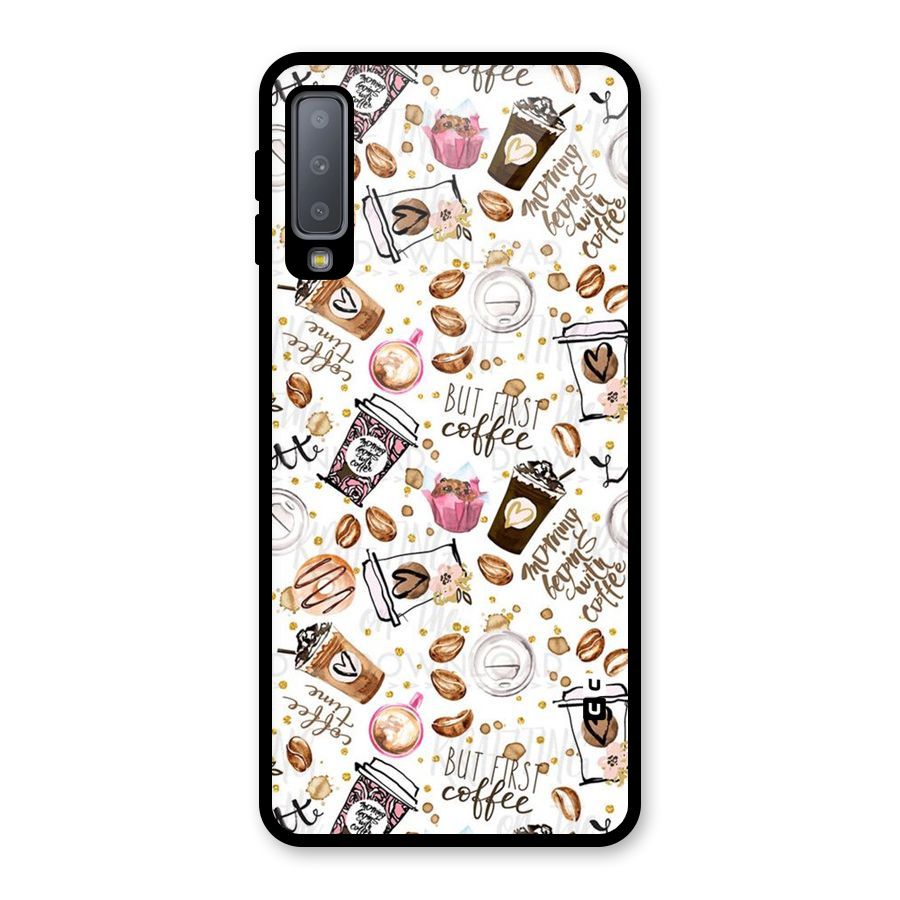 Coffee Pattern Glass Back Case for Galaxy A7 (2018)