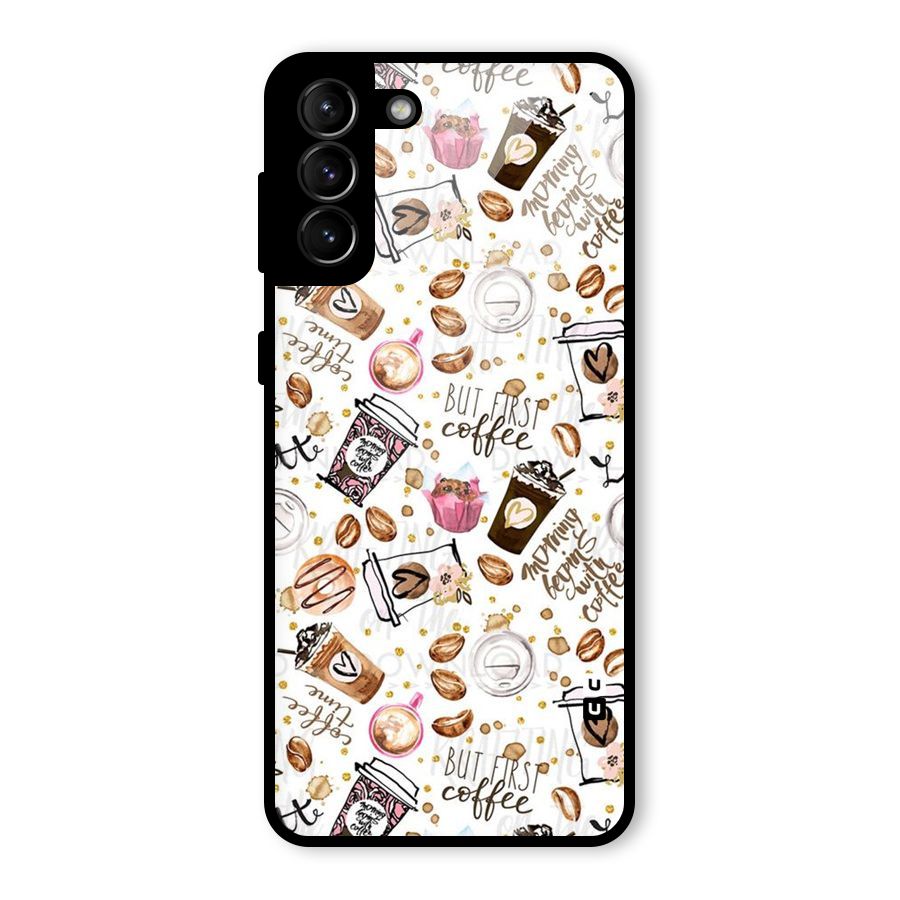 Coffee Pattern Glass Back Case for Galaxy S21 Plus