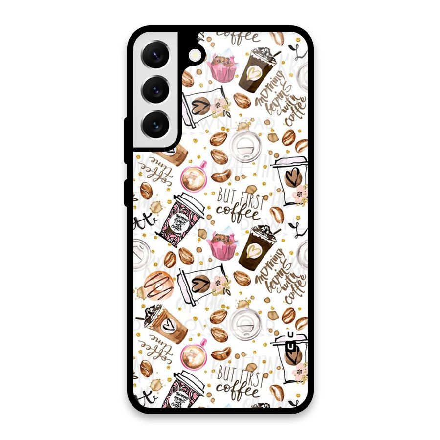 Coffee Pattern Glass Back Case for Galaxy S22 Plus 5G