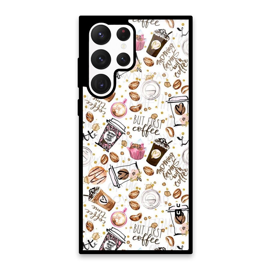 Coffee Pattern Glass Back Case for Galaxy S22 Ultra 5G