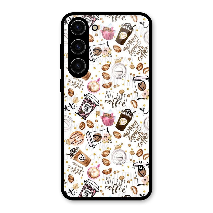 Coffee Pattern Glass Back Case for Galaxy S23 Plus