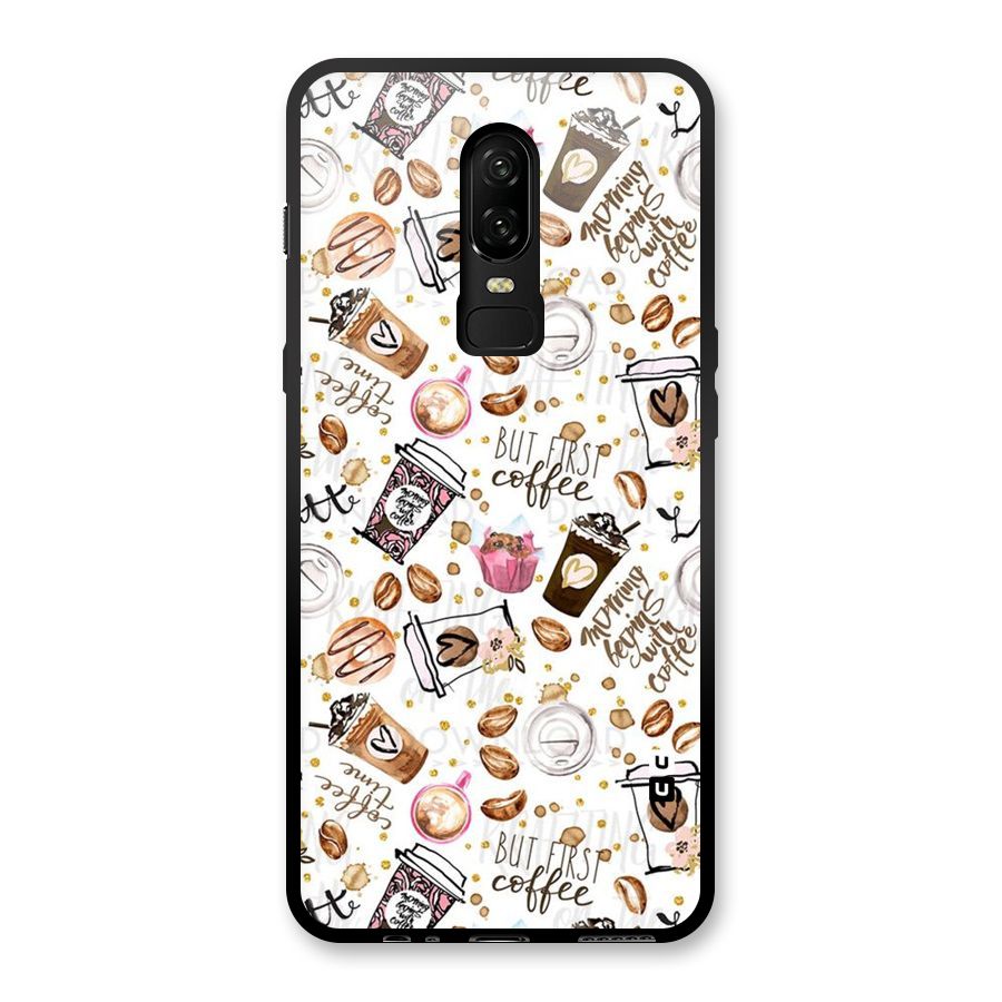 Coffee Pattern Glass Back Case for OnePlus 6