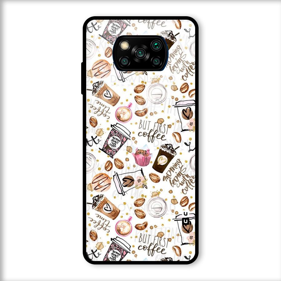 Coffee Pattern Glass Back Case for Poco X3
