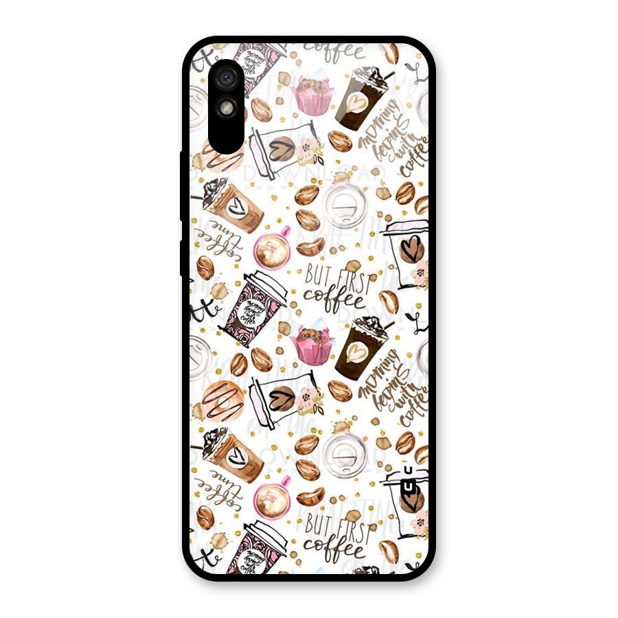 Coffee Pattern Glass Back Case for Redmi 9i