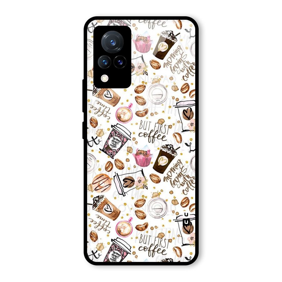 Coffee Pattern Glass Back Case for Vivo V21 5G
