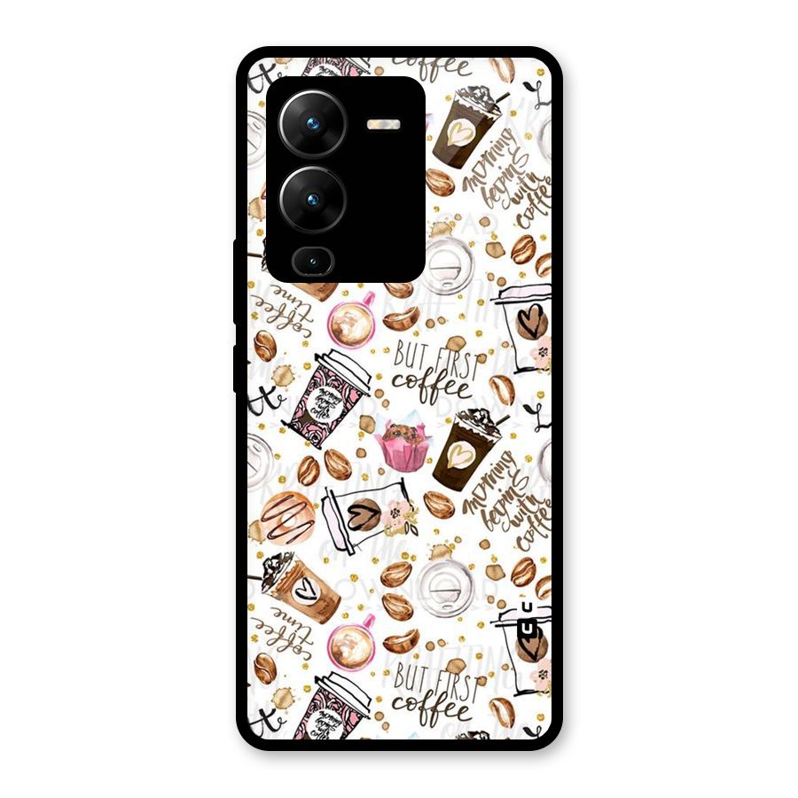Coffee Pattern Glass Back Case for Vivo V25 Pro