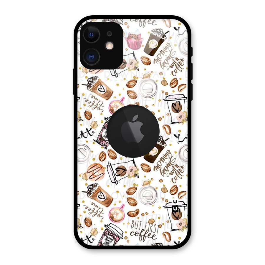 Coffee Pattern Glass Back Case for iPhone 11 Logo Cut