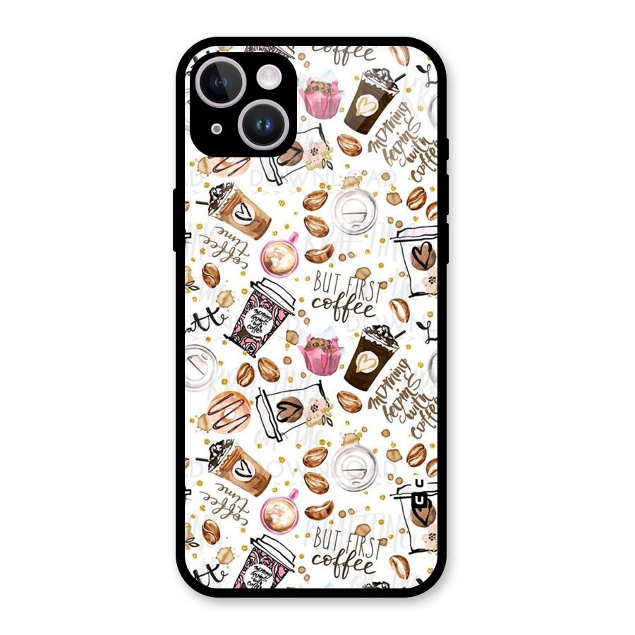 Coffee Pattern Glass Back Case for iPhone 14 Plus