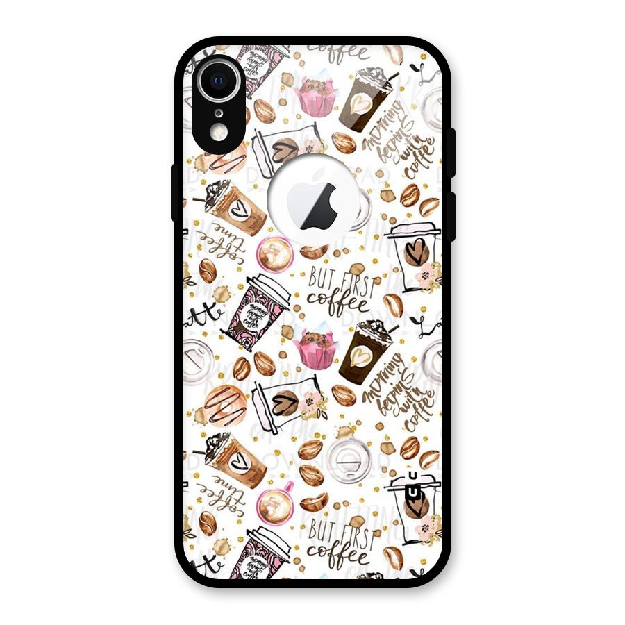 Coffee Pattern Glass Back Case for iPhone XR Logo Cut