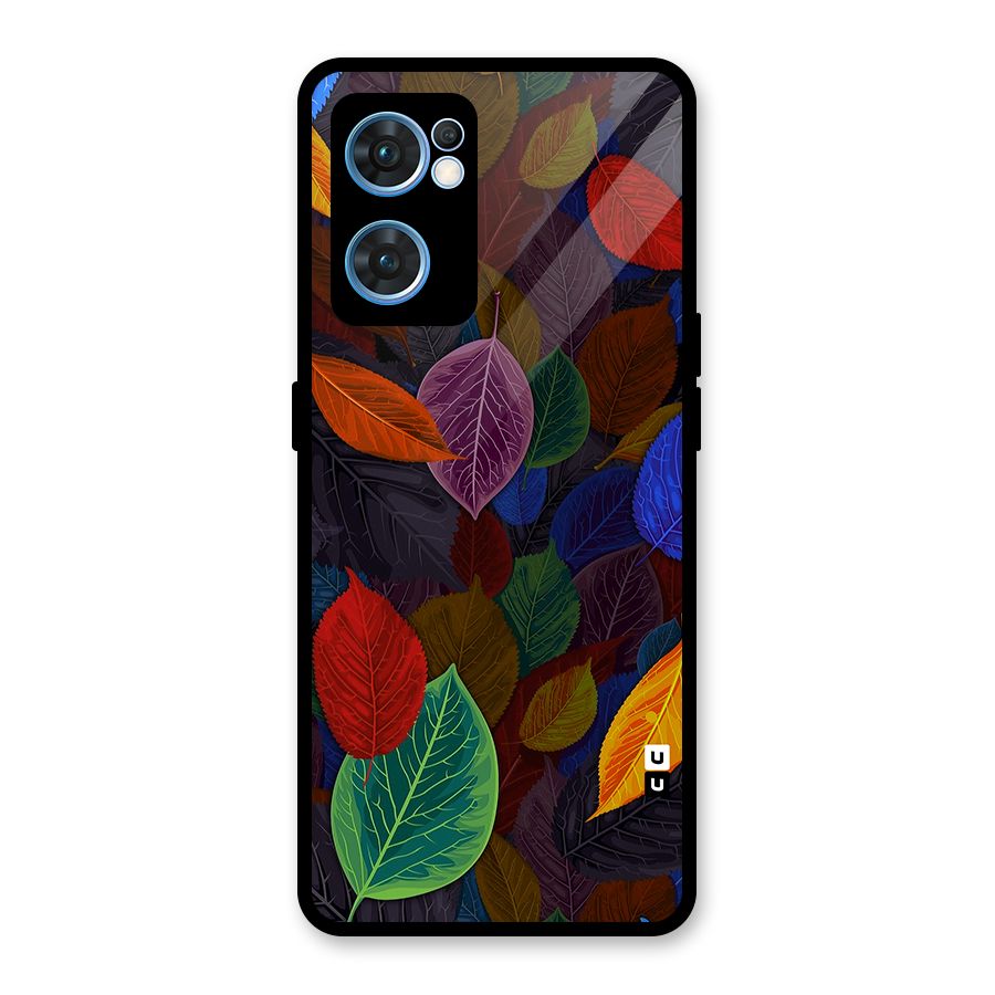Colorful Leaves Pattern Glass Back Case for Oppo Reno7 5G