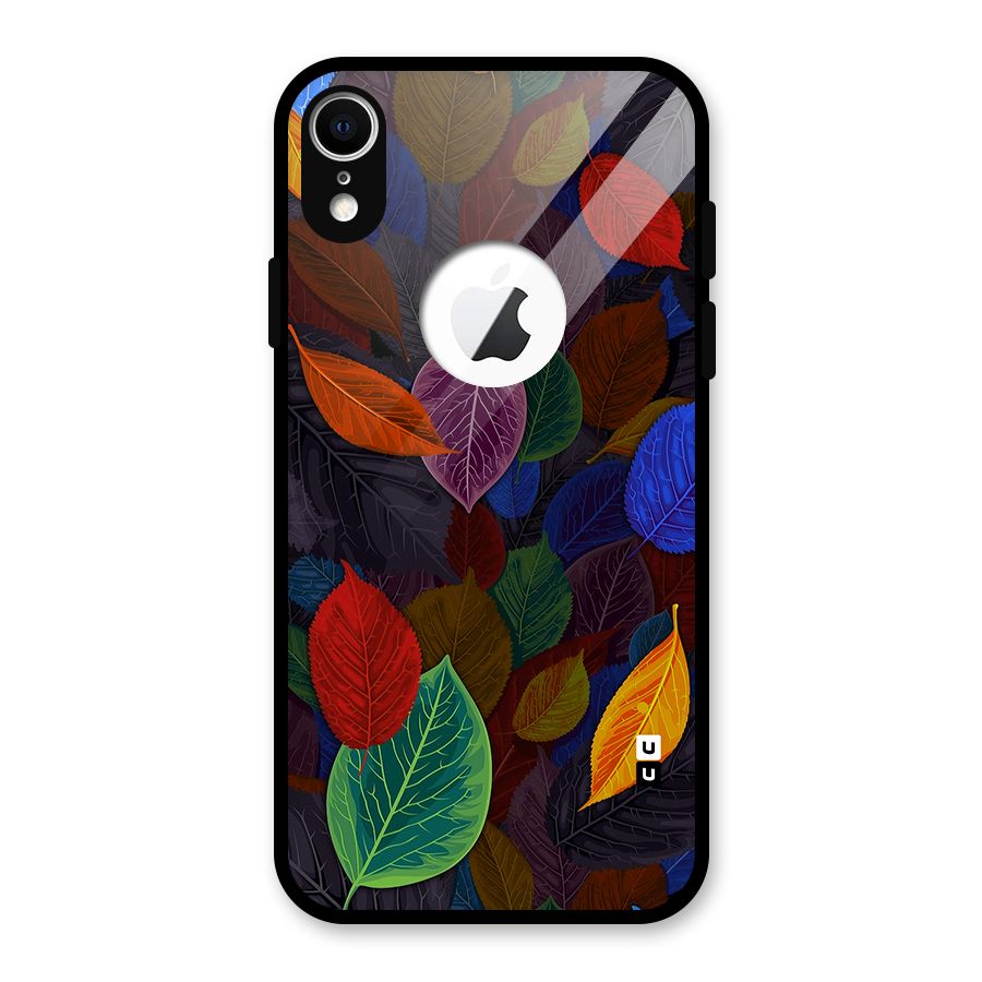 Colorful Leaves Pattern Glass Back Case for iPhone XR Logo Cut