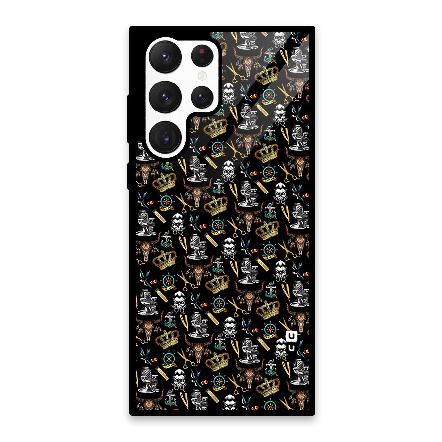 Cool Barber Pattern Glass Back Case for Galaxy S22 Ultra 5G