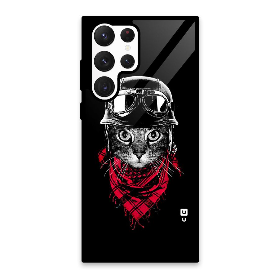 Cool Biker Cat Glass Back Case for Galaxy S22 Ultra 5G