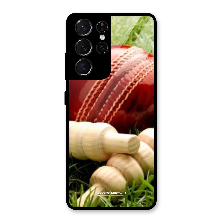 Cricket Ball and Stumps Glass Back Case for Galaxy S21 Ultra 5G