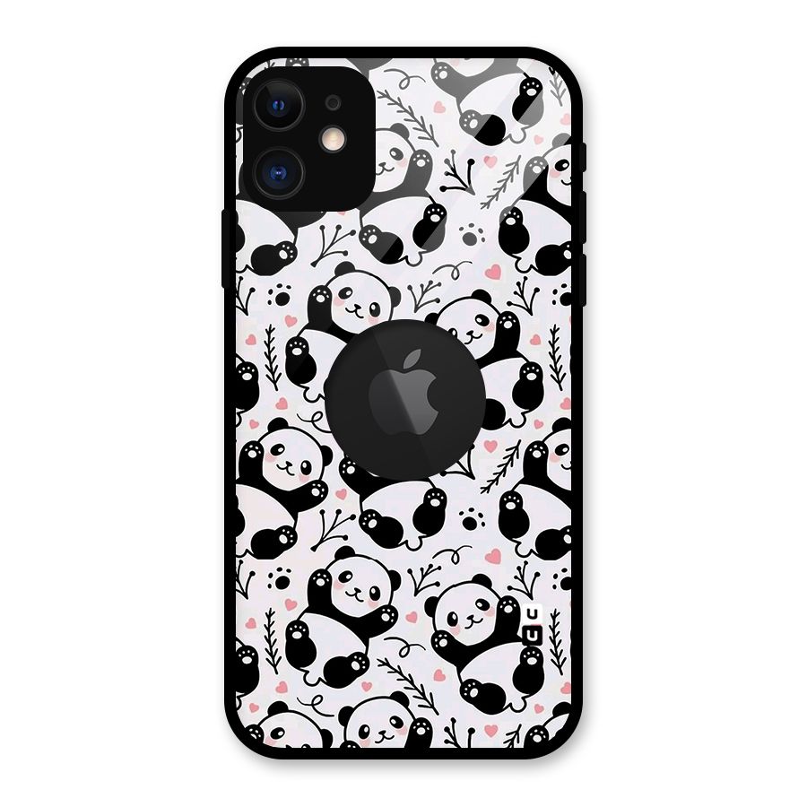 Cute Adorable Panda Pattern Glass Back Case for iPhone 11 Logo Cut