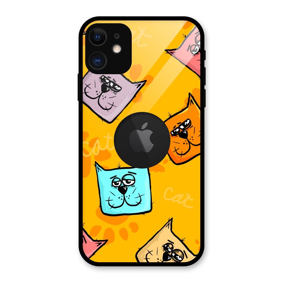 Cute Cat Pattern Glass Back Case for iPhone 11 Logo Cut